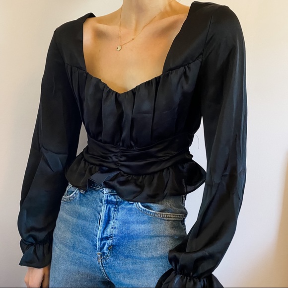 Nasty Gal Tops - Black Satin Sweetheart Pleated Bardot Blouse